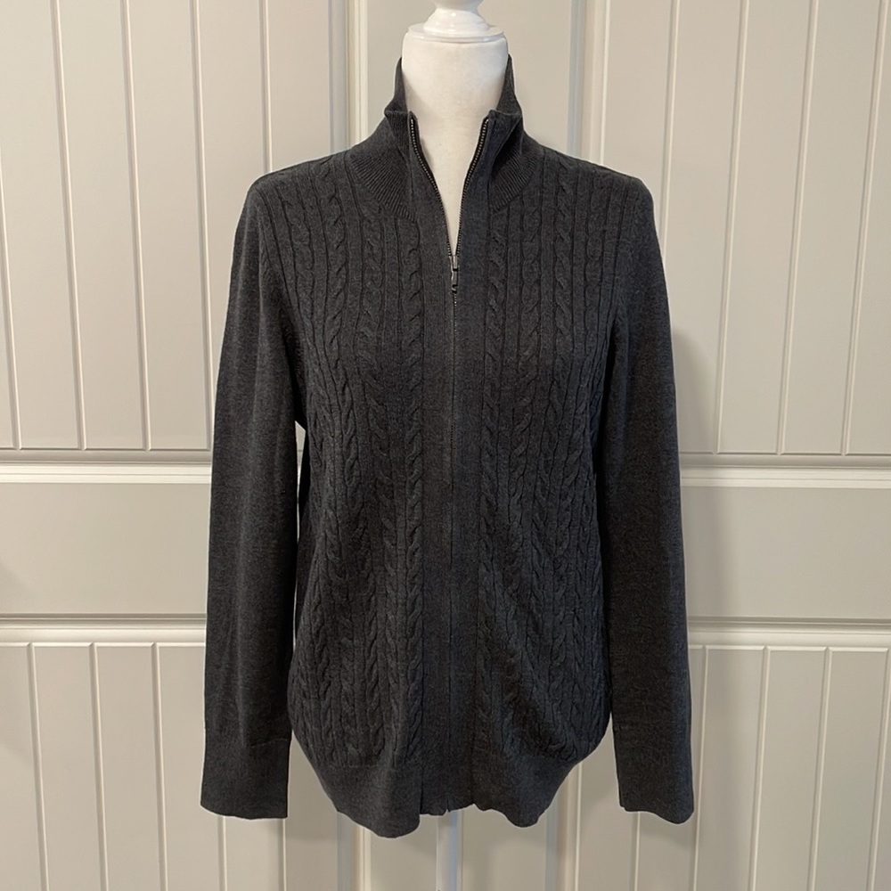 Talbots Cotton Wool Grey Cable Knit Blend Full Zip Cardigan Sweater Mock…